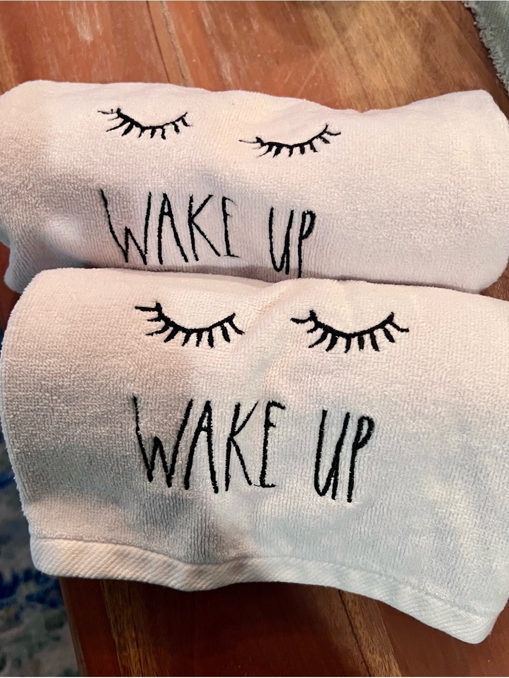 Rae Dunn White Hand Towels with Black 'WAKE UP' Embroidery